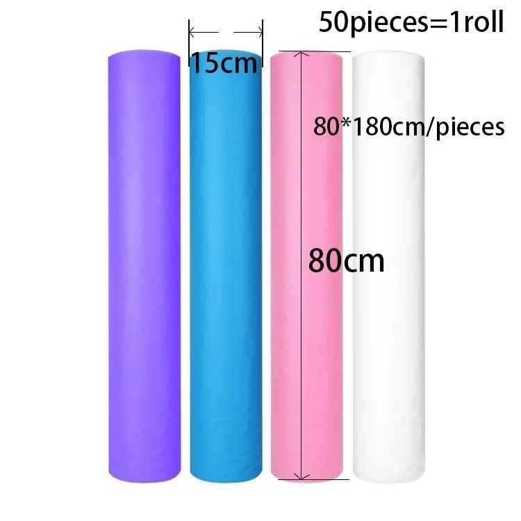 Disposable bed sheet roll in white, pink, purple and blue for beauty salon, lash and waxing beds