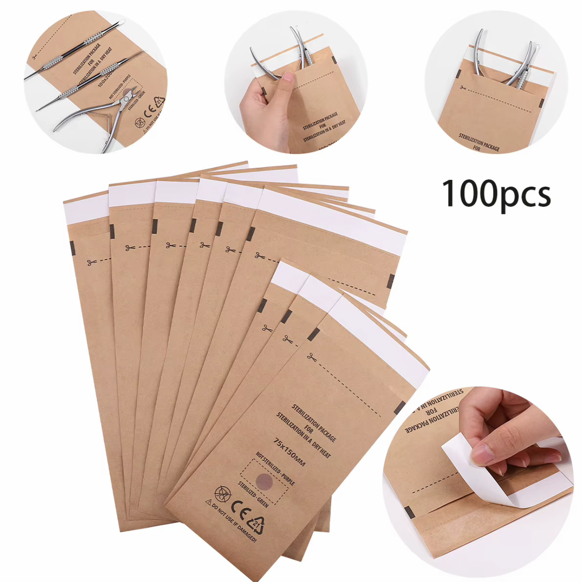 Kraft Dry Heat Sterilization Pouches – 100 Pcs