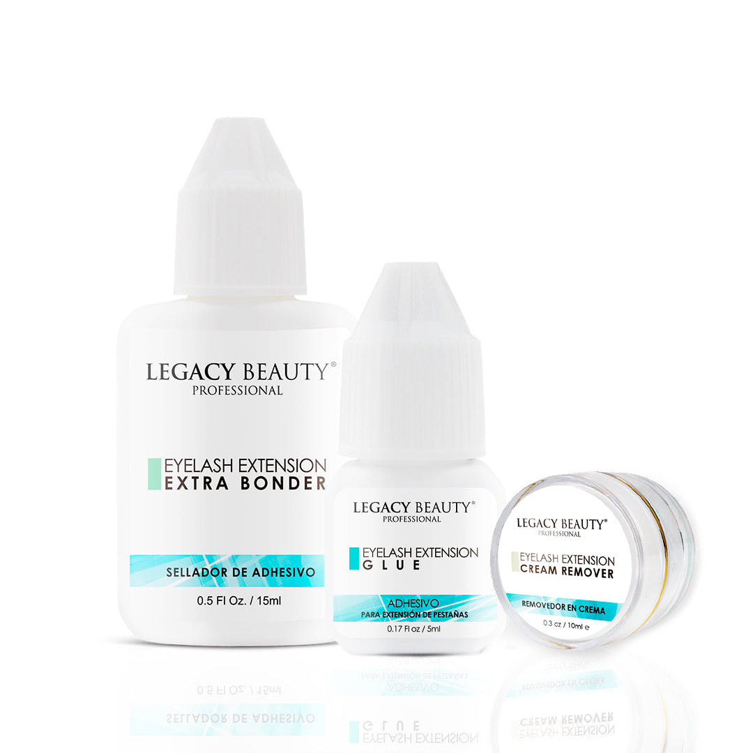 Three Legacy Beauty Professional eyelash extension products on a white background: an extra bonder bottle, an eyelash extension glue bottle, and a cream remover jar with its lid beside it.