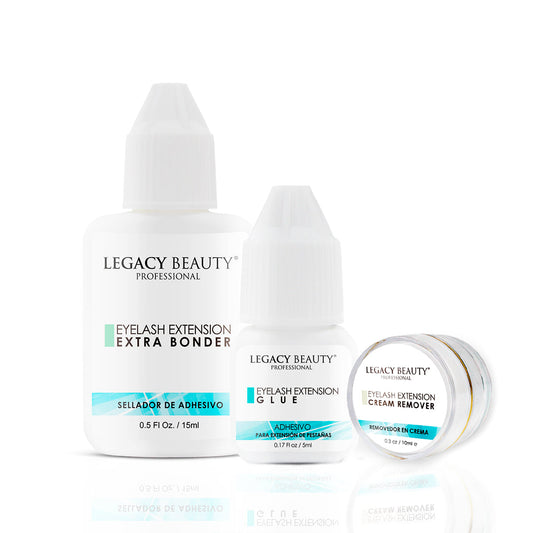 Three Legacy Beauty Professional eyelash extension products on a white background: an extra bonder bottle, an eyelash extension glue bottle, and a cream remover jar with its lid beside it.