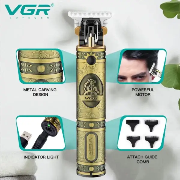 Professional Hair & Beard Trimmer Cordless Rechargeable Gold VGR ‎V-228 - Image 8